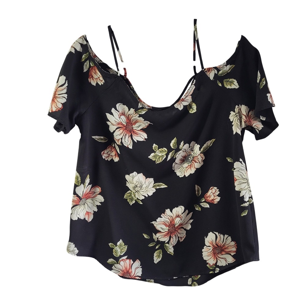 Kaileigh Black Floral Cold Shoulder Flutter Sleeve‎ Top Women's M Romantic Vacay